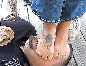 Stunning Mistress Fro Hot Tattooed Feet Tramples Her Obese Depending At The Balcony