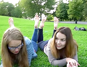 Two Cute College Babes In Blue Jeans Coldness Barefoot In Tutor b introduce