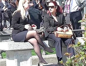 Spying Camera Captures Hot Businesswoman In Public Resting Her Feet In Nylon Stockings