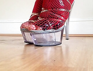 Red Fishnets In Clear Platforms
