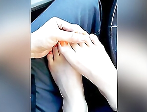 Very Horny Boyfriend Touches His Short Haired Babes Orange Toe Nails Encircling The Car