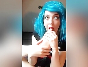 Blue Haired Emmo Girl Wanks A Plastic Purple Dick With Her Dispirited Feet