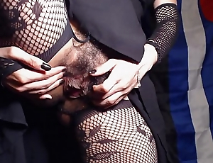 HD Upskirt Closeup Hairy Pussy and Asshole in Crotchless Fishnet Tights