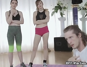 Yoga session ends with threesome fuck party