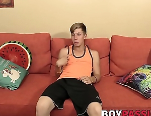 Twink plays with pocket pussy and cums after an interview